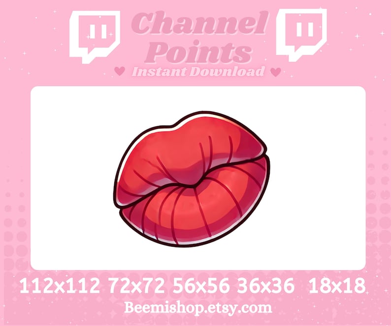 May include: Red cartoon lips with a white outline. The lips are in a kissing shape. This is a digital download for Twitch channel points.