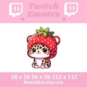 May include: A cartoon illustration of a leopard wearing a red strawberry hat. The image is available in three sizes: 28 x 28, 56 x 56, and 112 x 112 pixels.  The image is for download from Beemisshop.etsy.com.