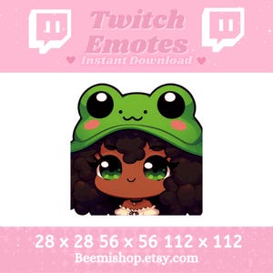 Chibi Black Girl Wearing A Frog Hat Happy Stream Curly Hair Green Eyes Adorable Kawaii Cute Twitch Discord Emotes