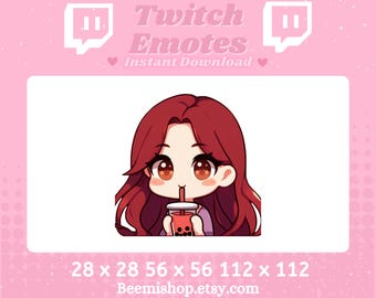 Chibi Dziewczyna Pijąca Herbatę Boba Kawaii Uroczy Twitch Discord Emote Stream Youtube Długie Rude Włosy Brązowe Oczy