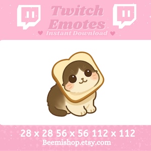 Könnte beinhalten: Eine Cartoon-Katze, die ein braunes und weißes Brot-Kostüm trägt. Die Katze schaut den Betrachter mit einem süßen Ausdruck an. Das Bild ist ein Twitch-Emote.  28 x 28 56 x 56 112 x 112  Beemishshop.etsy.com