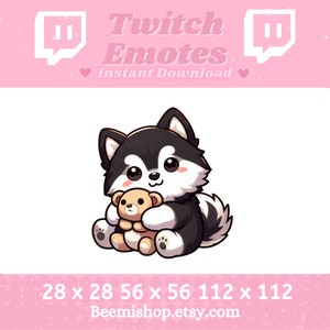 May include: A black and white cartoon husky dog holding a brown teddy bear. The dog is wearing a white collar and has a pink nose. The image is a Twitch emote.