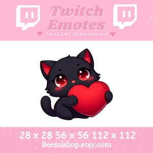 Puede incluir: Gato negro con ojos rojos sosteniendo un corazón rojo. El gato está en un estilo de dibujos animados y tiene una expresión linda. La imagen es para emotes de Twitch y está disponible en tamaños de 28x28, 56x56 y 112x112 píxeles. Beemisshop.etsy.com
