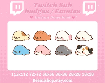 かわいいシールTwitchサブスクバッジ8選 – かわいい海の動物をテーマにしたサブスクライバーアイコン、パステルカラーの三毛猫シール、ストリーマー向けスタンプ、すぐにダウンロード