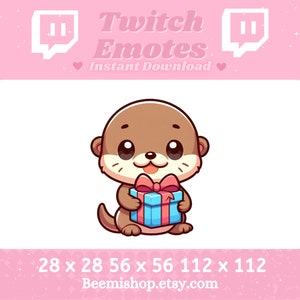 May include: A cartoon otter holding a blue and pink gift box with a pink bow. The otter is brown with a white muzzle and big eyes. The image is on a white background with the text "Twitch Emotes Instant Download" above the otter.