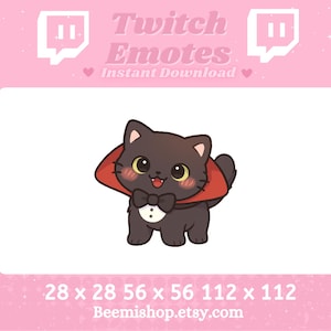 Peut inclure: Illustration de chat noir de dessin animé portant une cape rouge et un nœud papillon. Le chat a de grands yeux jaunes et des joues roses. L'image est étiquetée "Twitch Emotes Instant Download" sur fond rose.