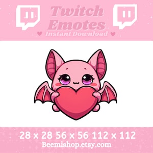 May include: Pink cartoon bat holding a red heart. Twitch Emotes Instant Download. 28 x 28 56 x 56 112 x 112 Beemishshop.etsy.com