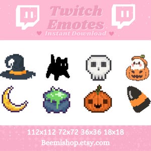 Puede incluir: Conjunto de 10 emotes de Twitch de Halloween en varios tamaños, que incluyen un sombrero de bruja, un gato negro, una calavera, una calabaza, una luna creciente, un caldero, una calabaza con cara y un maíz dulce. Los emotes son pixelados y tienen una estética retro de videojuegos. El texto "Twitch Emotes Instant Download" está en la parte superior de la imagen.
