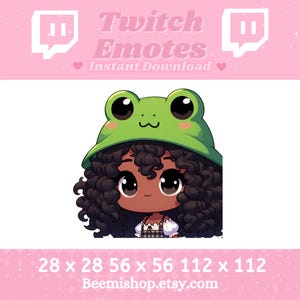 Chibi Black Girl Wearing A Frog Hat Happy Stream Curly Hair Brown Eyes Adorable Kawaii Cute Twitch Discord Emotes