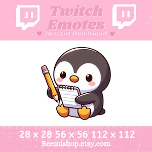 May include: A cartoon penguin wearing a black and white tuxedo holds a yellow pencil and a notepad with a pink spiral. The penguin is sitting on a white background. The text "Twitch Emotes Instant Download" is above the penguin.
