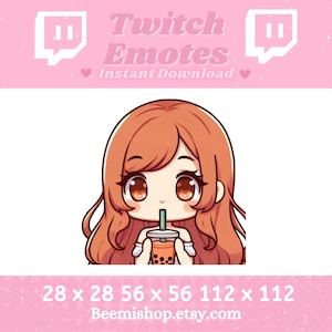 Chibi Ginger Girl Bebendo Chá de Boba Kawaii Adorável Twitch Discord Emote Stream Youtube Cabelo Longo Laranja Olhos Castanhos