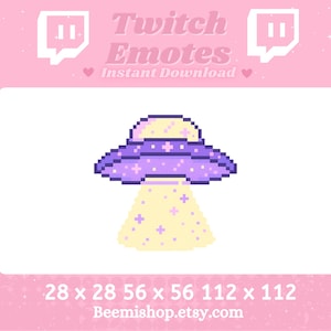 May include: Pixel art Twitch emote of a purple and yellow UFO with stars. The emote is available in three sizes: 28x28, 56x56, and 112x112 pixels.