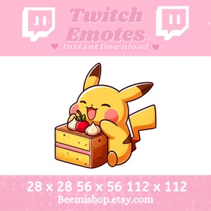 May include: A yellow cartoon Pikachu character with a pink blush eating a pink and yellow layered cake with a red and white cherry on top. The image is for a Twitch emote.  28 x 28 56 x 56 112 x 112 Beemishshop.etsy.com