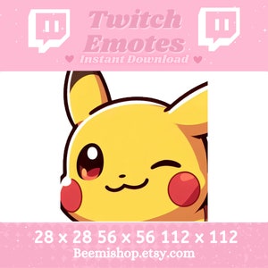 Può includere: Pikachu giallo dei cartoni animati con un occhiolino e un sorriso. Emote Twitch in tre dimensioni: 28 x 28, 56 x 56 e 112 x 112 pixel. Beemishshop.etsy.com