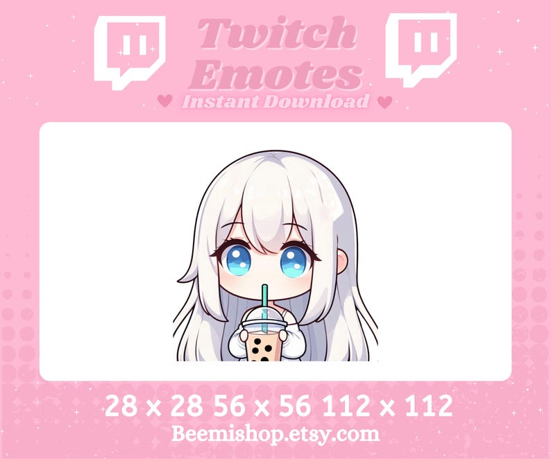 Chibi Girl Drinking Boba Tea Kawaii Adorable Twitch Discord Emote