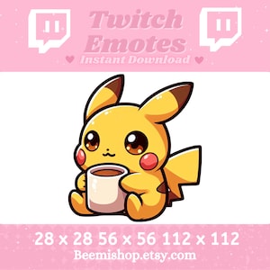 May include: A yellow cartoon Pikachu holding a white coffee cup. The image is a Twitch emote with the text "Twitch Emotes Instant Download" and the Twitch logo. The image is available in three sizes: 28 x 28, 56 x 56, and 112 x 112 pixels.