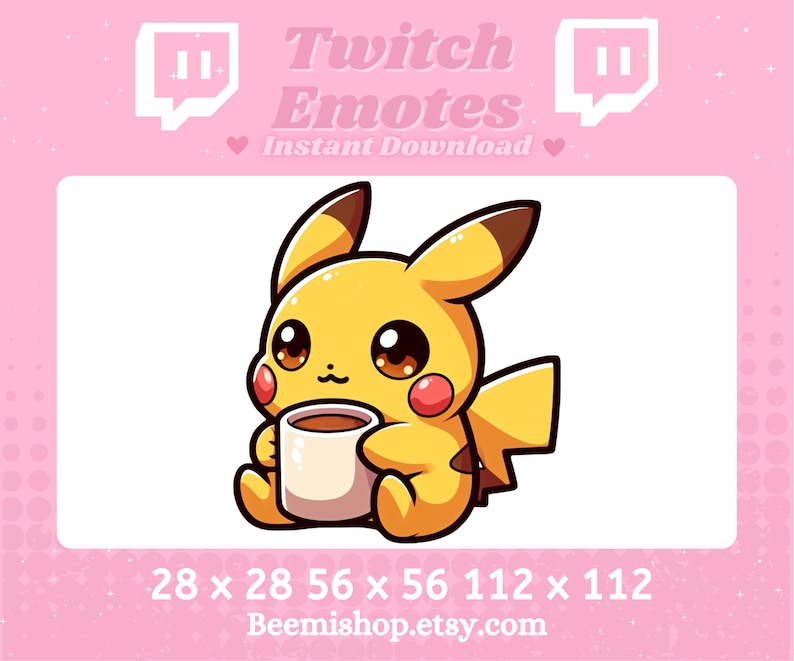 May include: A yellow cartoon Pikachu holding a white coffee cup. The image is a Twitch emote with the text "Twitch Emotes Instant Download" and the Twitch logo. The image is available in three sizes: 28 x 28, 56 x 56, and 112 x 112 pixels.