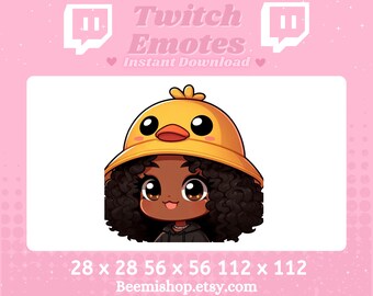 Chibi Black Girl Wearing A Duck Hat Happy Stream Curly Hair Brown Eyes Adorable Kawaii Cute Twitch Discord Emotes