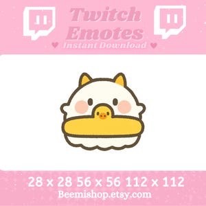 May include: A white and yellow cartoon emote of a duck wearing a white hat with a pink blush. The emote is available in three sizes: 28 x 28 pixels, 56 x 56 pixels, and 112 x 112 pixels. Beemishshop.etsy.com