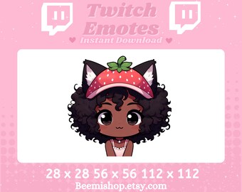 Chibi Black Cat Girl Strawberry Stream Curly Hair Brown Eyes Adorable Kawaii Cute Sip Slurp  Twitch Discord Emotes Youtube