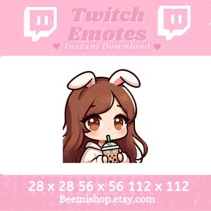 Bunny Girl Twitch Discord Emote Cute Chibi Long Brown Hair Brown Eyes Drinking Boba Tea Slurp Sip  Kawaii Adorable Youtube Server Stream