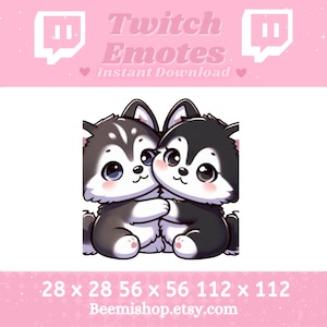 May include: Two cartoon husky dogs, one black and white and one gray, are hugging each other. The dogs have big eyes and are smiling. The image is in a square format and is suitable for use as a Twitch emote.