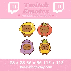 Könnte beinhalten: Vier Twitch-Emojis mit einem braunen Bären, der verschiedene Früchte trägt: eine Zitrone, eine Tomate, eine lila Aubergine und eine Ananas. Die Emojis sind in einem quadratischen Raster angeordnet, darunter der Text "28 x 28 56 x 56 112 x 112" und "Beemishop.etsy.com".