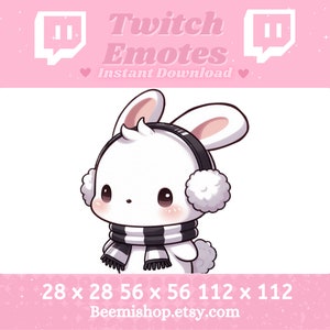 May include: A white bunny with black and white striped scarf and white earmuffs. The bunny is looking to the right. The image is for Twitch emotes and includes the text "Twitch Emotes Instant Download".