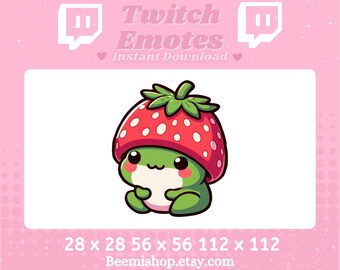 Twitch Emote Cute Chibi Frog Emotes Wearing Strawberry Hat Happy Fruit Stream Comfy Adorable Yummy Server Funny
