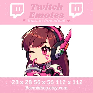Twitch Discord Emote Söt Overwatch Två Emotes Dricker Rosa Juice Slurp Gamer Flicka Videospel Kawaii Bedårande Youtube Server Stream Rolig