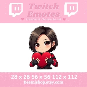 May include: A digital illustration of a woman with brown hair holding a red heart. The image is a Twitch emote with the text "Twitch Emotes Instant Download" above the image. The image is available in three sizes: 28 x 28, 56 x 56, and 112 x 112 pixels.