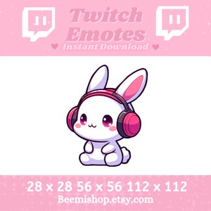 May include: White bunny with pink ears wearing pink headphones. The bunny is sitting on a white background. The image is for a Twitch emote. The text "Twitch Emotes" and "Instant Download" is at the top of the image.