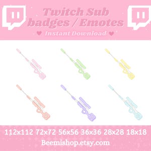 Może przedstawiać: Różowe tło z tekstem "Twitch Sub badges / Emotes Instant Download". Wyświetlono sześć kolorowych wzorów karabinów snajperskich w kolorze różowym, zielonym, żółtym, pomarańczowym, fioletowym i jasnoniebieskim. Obraz zawiera również wymiary w pikselach.