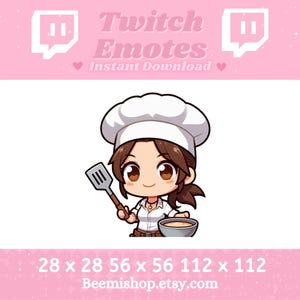 Puede incluir: Un emote digital de Twitch con un chef de dibujos animados con cabello castaño, que lleva un gorro y uniforme de chef blancos. El chef sostiene una espátula y un cuenco. El fondo es rosa con el texto "Twitch Emotes Instant Download".