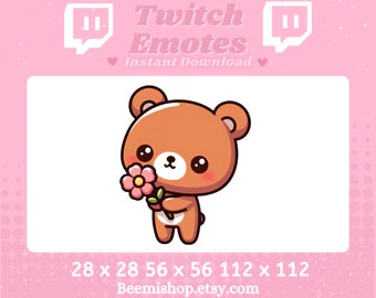 Brown Bear Teddy Bear Holding A Flower Happy Funny Twitch Discord Emote Cute Kawaii Adorable Discord Youtube Server Stream Animal