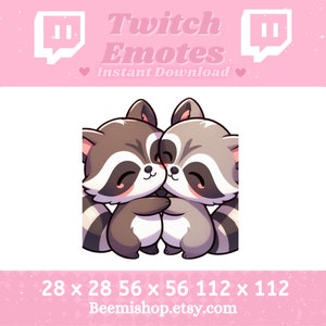 May include: Digital Twitch Emotes featuring two cartoon raccoons hugging. The raccoons have brown and gray fur with black and white striped tails. The image includes the text "Twitch Emotes Instant Download" and various size options.