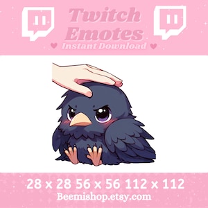 Puede incluir: Un lindo pájaro de dibujos animados con una expresión gruñona, con un rubor rosado. El pájaro está siendo acariciado por una mano. La imagen es para emotes de Twitch e incluye el texto "Twitch Emotes Instant Download".