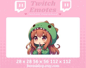 Dinosaur Chibi Girl Drinking Boba Tea Long Brown Hair Brown Eyes Happy Kawaii Stream Drink Server Adorable Twitch Discord Emotes