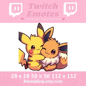 May include: A digital illustration of two cartoon Pokemon characters, Pikachu and Eevee, hugging each other. Pikachu is yellow with red cheeks and Eevee is brown with a white chest. The image is set against a pink background with the text "Twitch Emotes Instant Download" and the Twitch logo.