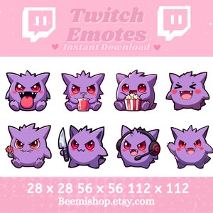 以下が含まれることがあります： 異なる表情とアクセサリーを持つ、紫色の漫画キャラクターのTwitchエモートが8つあります。エモートは2行4列のグリッドに配置されています。エモートは28 x 28、56 x 56、112 x 112ピクセルです。画像の上部には「Twitch Emotes」と「Instant Download」のテキストがあります。
