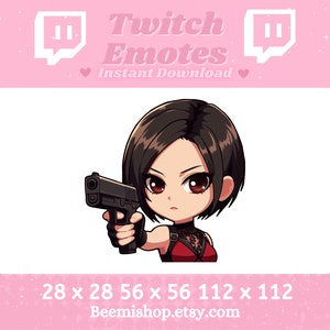 May include: A digital graphic for Twitch emotes, featuring a cartoon character with dark hair and a handgun. The character wears a red top and black harness. The image includes the text "Twitch Emotes Instant Download".