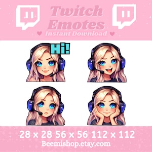 Twitch Emotes Discord Emote Blondes Mädchen Emotes Pack Set Videospiele Emote Süß Entzückend Discord Gamer Girl Serr Kawaii Blaue Augen HeadSet