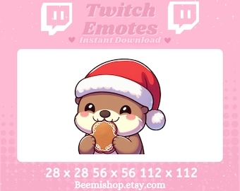 Christmas Hat Brown Otter Eating Gingerbread Cookie Kawaii Adorable Anime Twitch Discord Emote Stream Animal Cute Chibi Winter Holiday