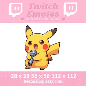 May include: A yellow cartoon Pikachu holding a microphone, singing. The image is a Twitch emote with the text "Twitch Emotes Instant Download" and the dimensions "28 x 28 56 x 56 112 x 112".
