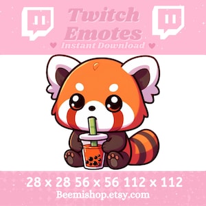 May include: A cute red panda cartoon character with brown paws and a striped tail, holding a brown cup with a green straw and boba tea. The character is sitting on a white background. The text "Twitch Emotes Instant Download" is above the character. The text "28 x 28 56 x 56 112 x 112 Beemishhop.etsy.com" is below the character.