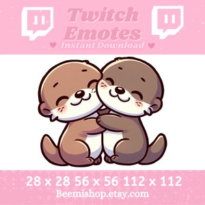 Op de afbeelding: Twee bruine cartoon-otters die elkaar omhelzen. De otters hebben hun ogen dicht en glimlachen. De afbeelding is tegen een witte achtergrond.  28 x 28 56 x 56 112 x 112  Beemishhop.etsy.com