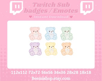 May include: A digital graphic featuring six pastel-colored teddy bear emotes for Twitch. The bears are in shades of pink, blue, green, purple, yellow, and peach, each with a white bow. Text at the top reads "Twitch Sub badges / Emotes Instant Download."