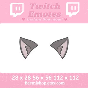 May include: Pink background with the text "Twitch Emotes Instant Download" and two Twitch logos. The image features two gray cat ears with pink inner ears. The dimensions are listed as 28 x 28, 56 x 56, and 112 x 112.