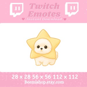 May include: A white dog wearing a yellow star-shaped costume. The dog is looking at the viewer. The image is a Twitch emote. The text "28 x 28 56 x 56 112 x 112 Beemishp.etsy.com" is below the dog.