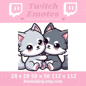 May include: Two cartoon gray and white wolves with big eyes are hugging each other. The image is for Twitch emotes and is available in three sizes: 28x28, 56x56, and 112x112 pixels.